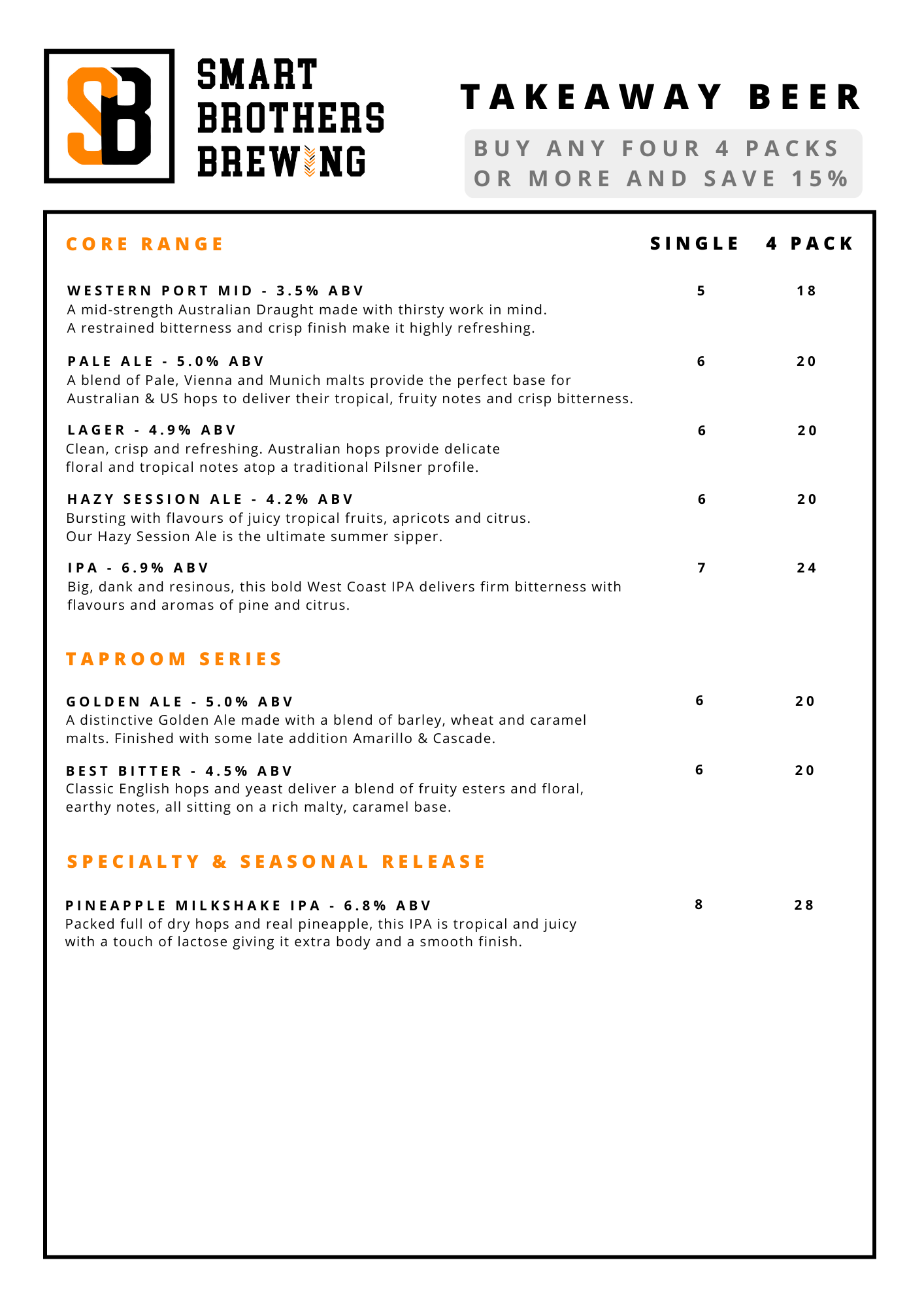 A4 Takeaway Beer Menu August 2026